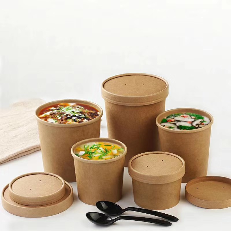 காகித மூடியுடன் கூடிய வழக்கமான கிராஃப்ட் பேப்பர் சூப் கிண்ணம்